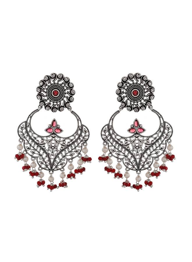 Abharan White And Red Stones And Pearls Opulent Jewellery Set : 8905124493801
