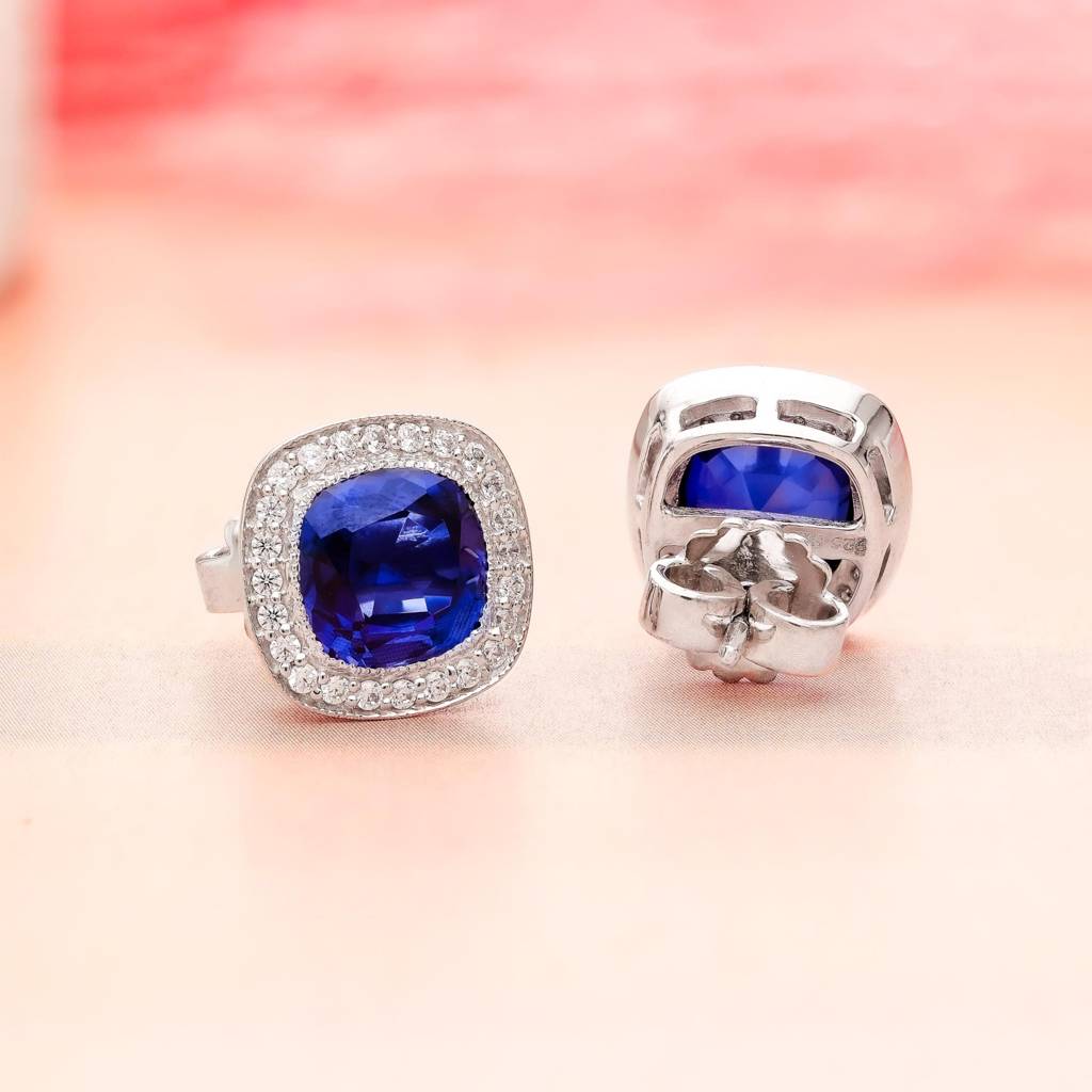 925 Silver Blue Sapphire Cushion Cut Stud Earrings Â Elegant Halo Gift For Wife : SE_000604