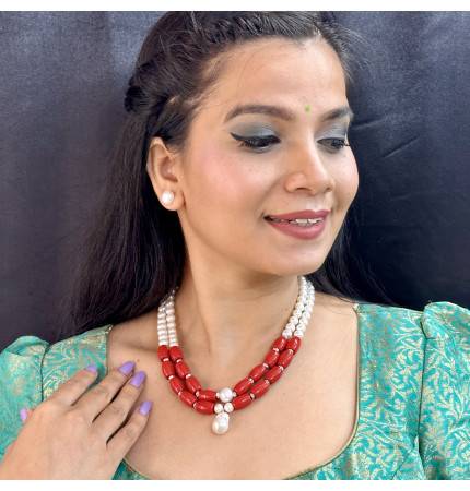 Sri Jagdamba Pearls Cherry 2 Lines Round Pearl Necklaces : JPDEC-23-003