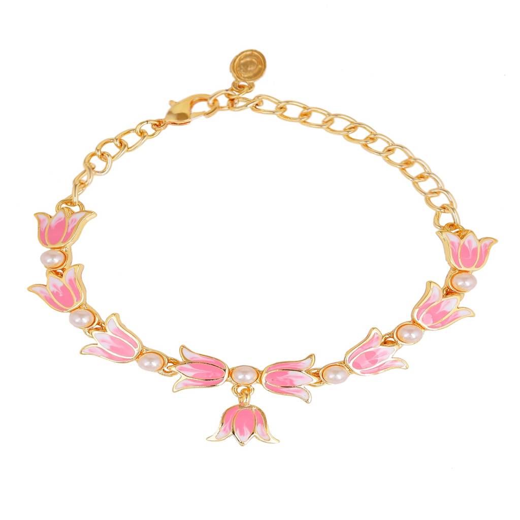 Estele Gold Plated Pink Enamel Lotus Designer Link Chain Adjustable Bracelet With Pearls For Girl'S & Women : 102176-IGBR