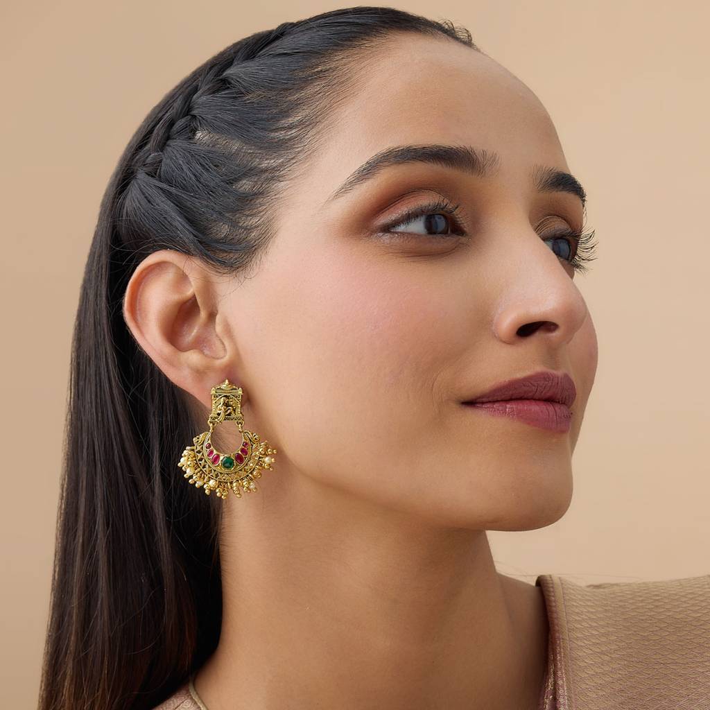 Kushal'S Fashion Jewellery Ruby-Green Oxidised Gold-Plated Ethnic 92.5 Pure Silver Temple Chandbalis-161761 : 398312