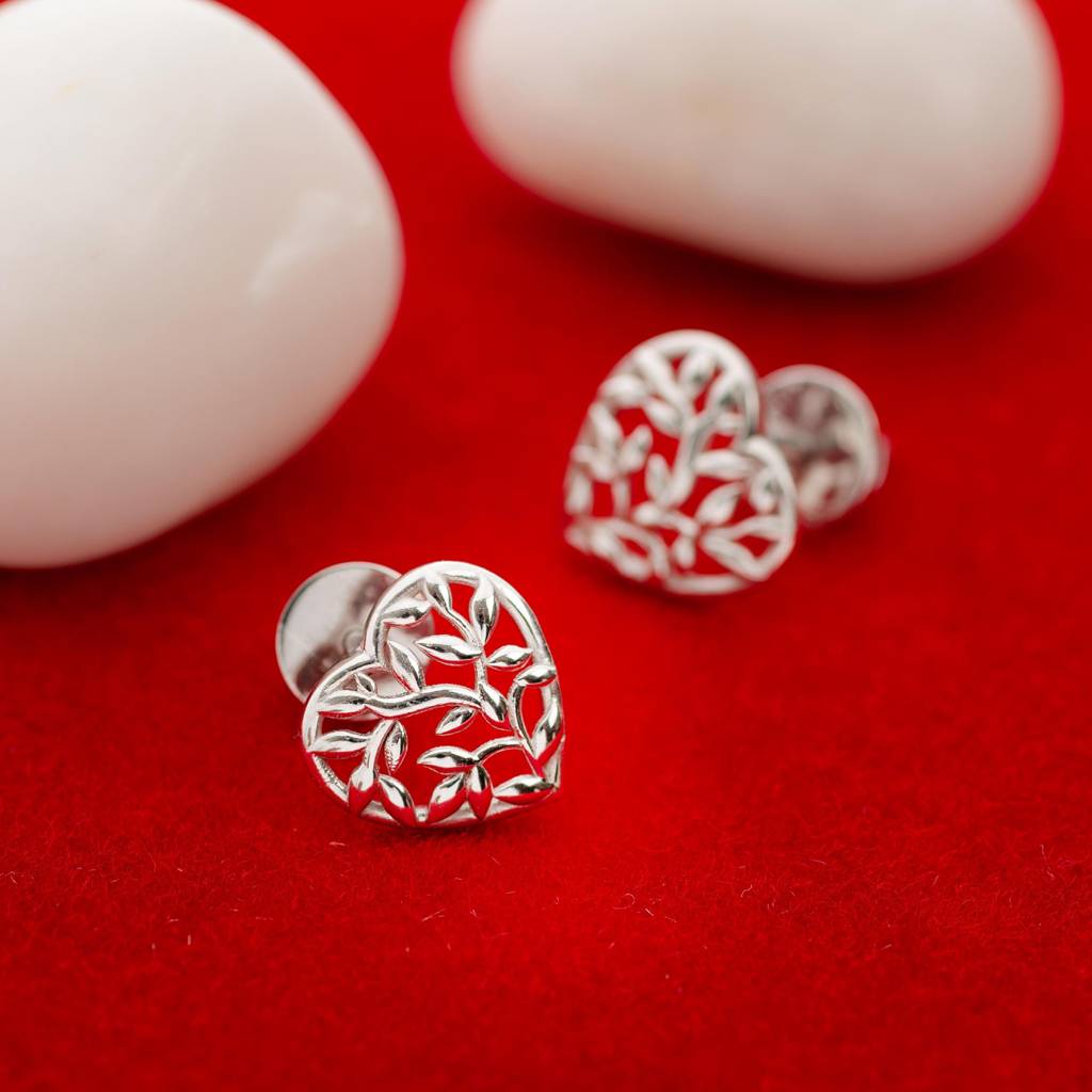 925 Silver Filigree Heart Stud Earrings | Intricate Leaf Design Romantic Jewelry Gift : SE_000750
