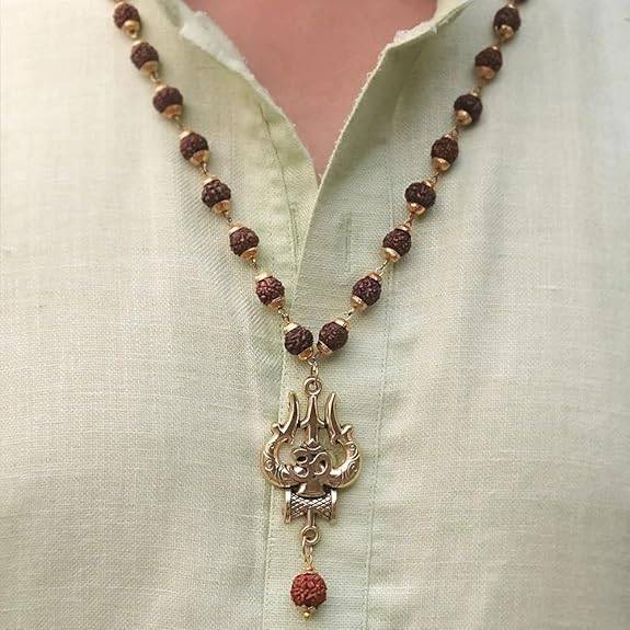 Om Trishul Rudraksha Pendant Necklace Gold-Tone Religious Jewelry For Prayer & Gifting : OSAK054-IGBRNPENDANT