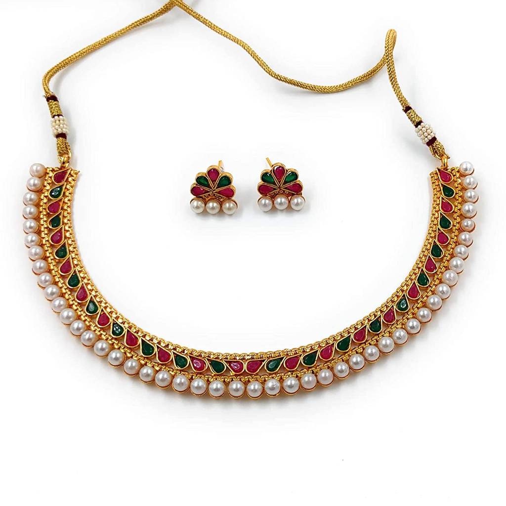 Traditional Gold Plated Studded Choker Necklace Jewellery Set For Women-Pf04N3390 : PF04N3390RG