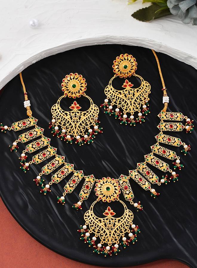 Abharan Heavily Embellished Gold Plated Opulent Jewellery Set : 8905124494501