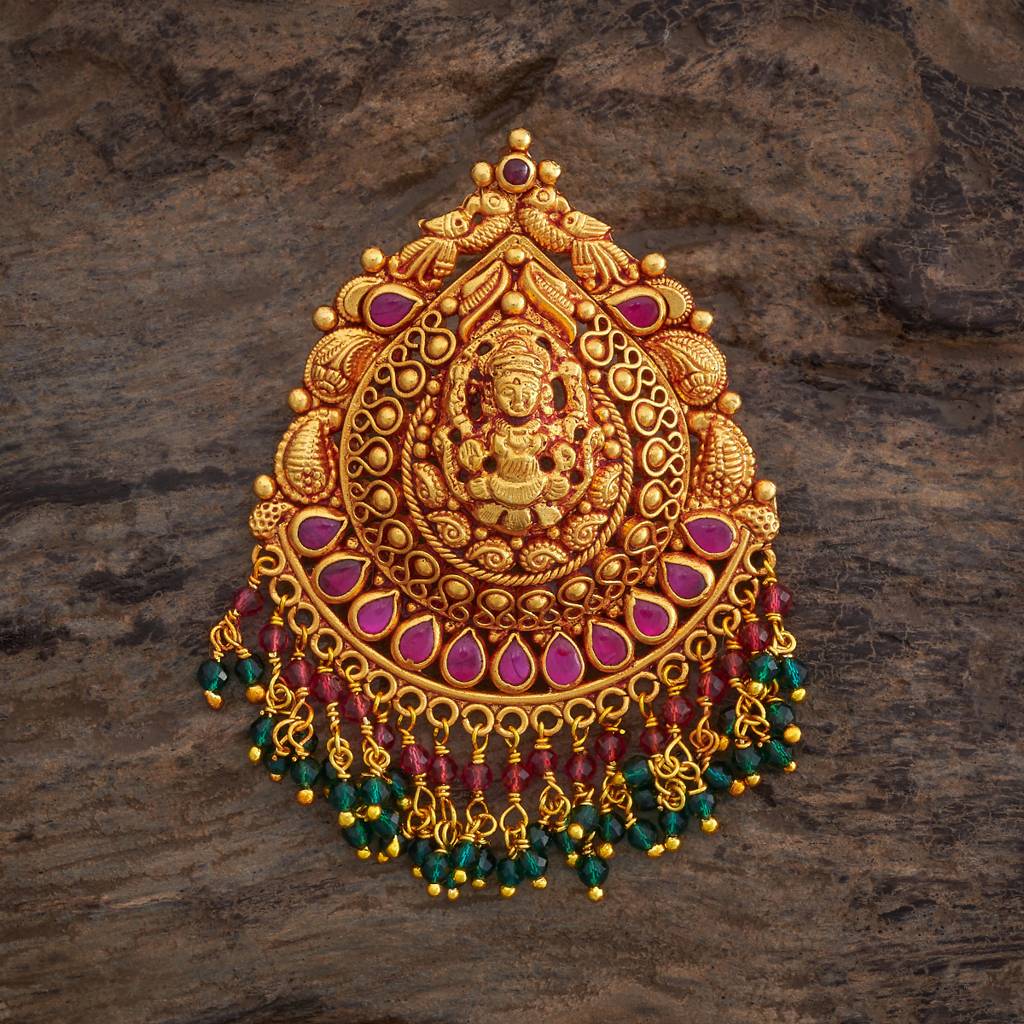 Kushal'S Fashion Jewellery Ruby-Green Gold-Plated Ethnic 92.5 Pure Silver Temple Pendants-177459 : 425413