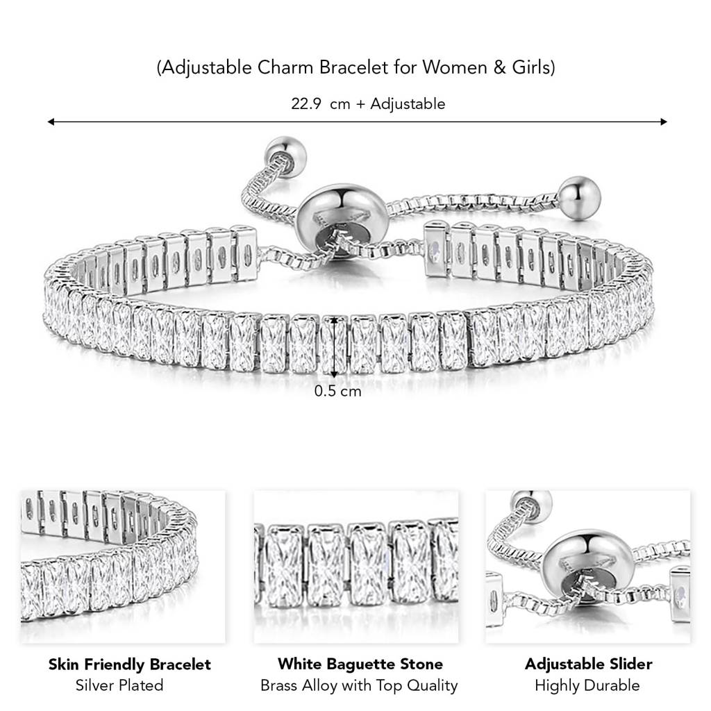 Silver Plated White Baguette Stone Studded Adjustable Tennis Bracelet Stylish Fashion Jewellery For Women & Girls : PX8B80S