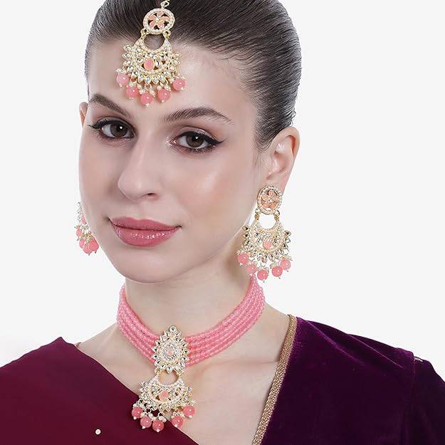 Estele Gold Plated Graceful Gehena Necklace Set & Maang Tikka With Mint Pink Beads For Women : PJ-033-IGMPNKERTK