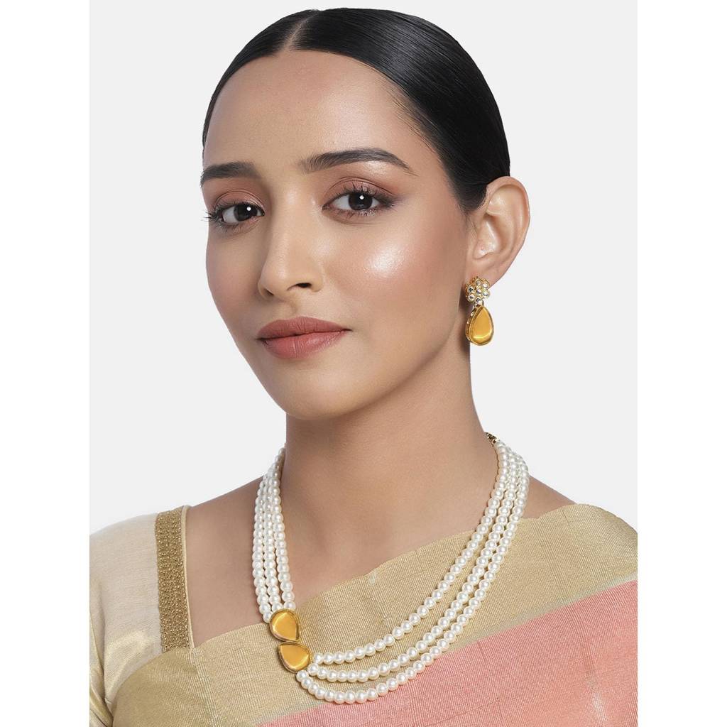 Pearl Mala Necklace & Earrings For Women Girls Traditional Ethnic Jewellery Set-Pf26N1145 : PF26N1145LCT