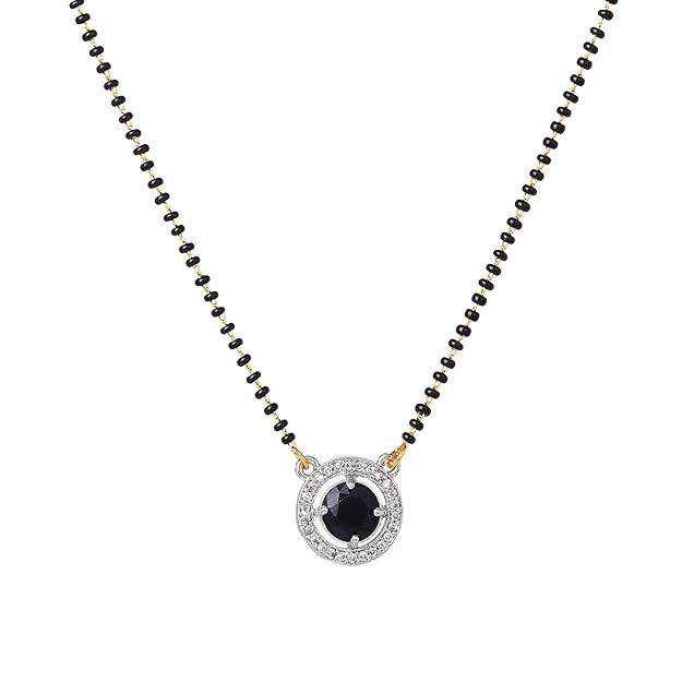 Gold & Rhodium Plated Sleek & Regal Circular Pendant Mangalsutra Chain With Black Beads & Crystal For Wom : OSAKMS013-2TNBKNK