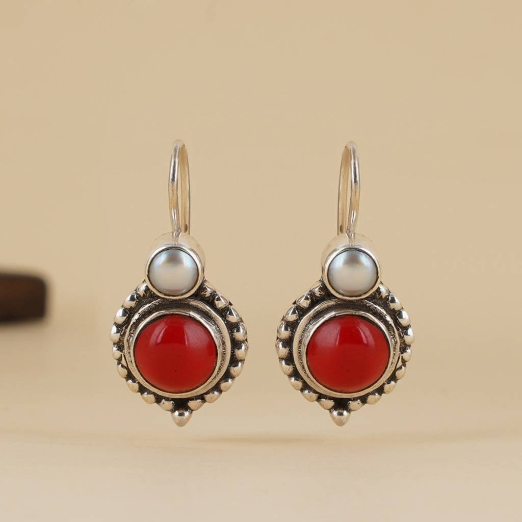 Coral & Pearl Silver Earrings : SSE797