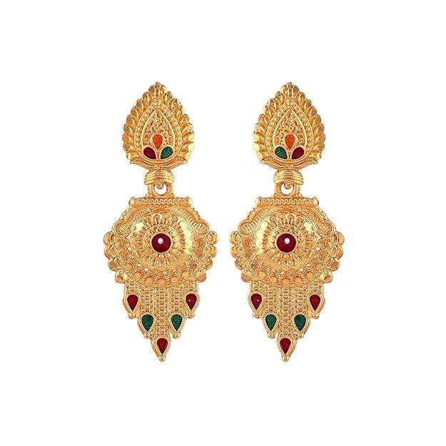 Gold Finish Temple Necklace Set With Traditional Pendant & Earrings For Bridal Wear : OSAK003-IGMCNKER