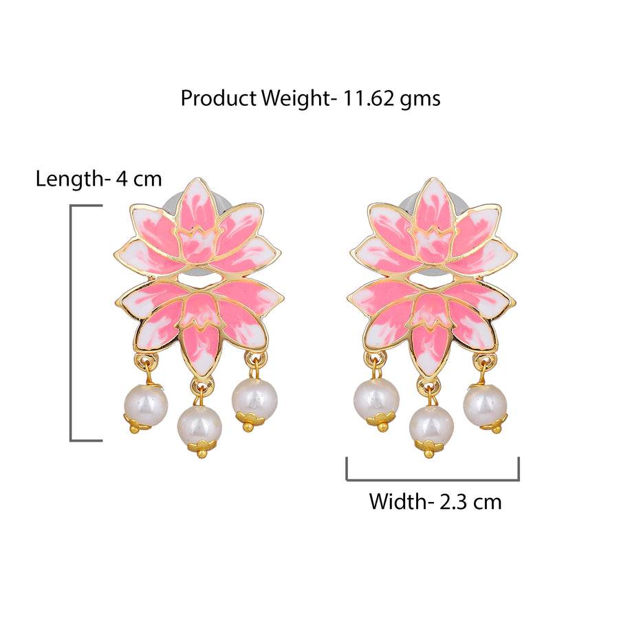 Estele Gold Plated Alluring Lotus Designer Pearl Drop Earrings With Pink Enamel For Girl'S & Women : 10198-IGER