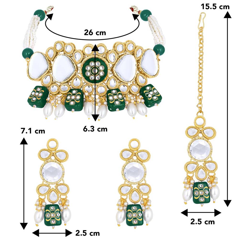 Gold Plated Kundan Beads Studded Choker Necklace Dangle Earrings & Maangtikka Set Ethnic Fashion Jewellery Gift Fo : PF25N080G