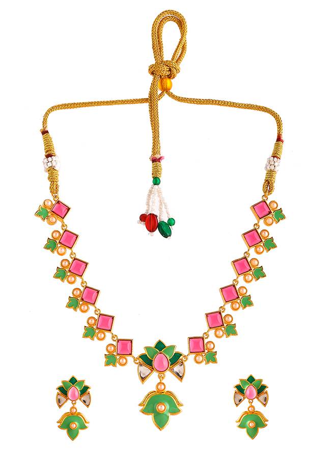Forever More Pink Stones And Pearls Green Enamel Jewellery Set : 8905124498134