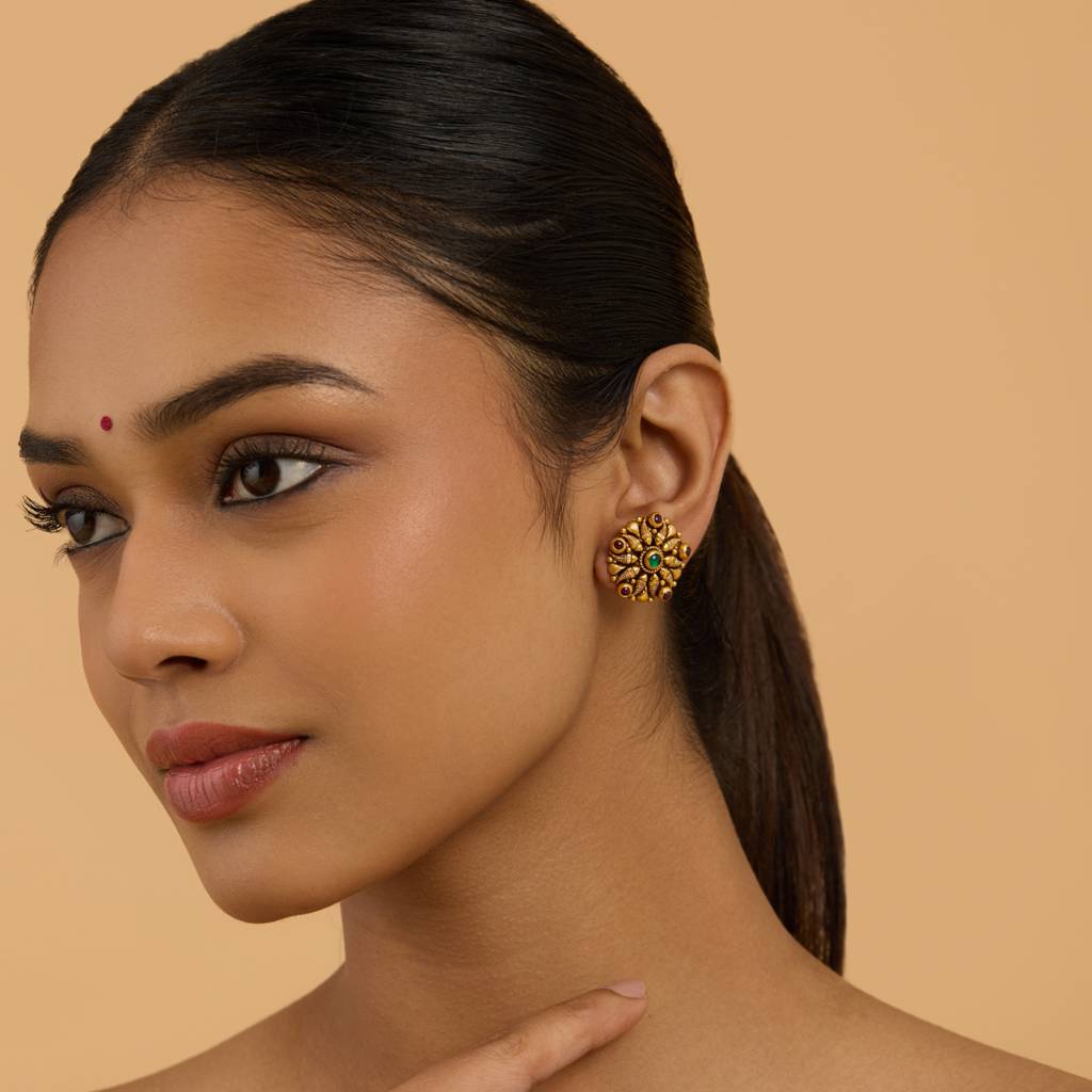 Kushal'S Fashion Jewellery Ruby-Green Oxidised Gold-Plated Ethnic 92.5 Pure Silver Temple Studs-177419 : 425359