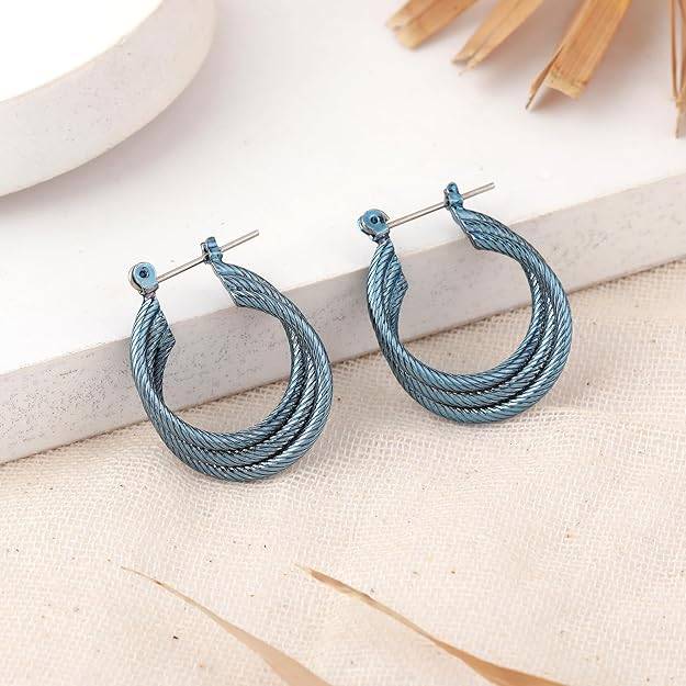 Estele Cobalt Blue Plated Stylish Triple Layered Metallic Hoop Earrings For Women & Girls : 800706-BLER