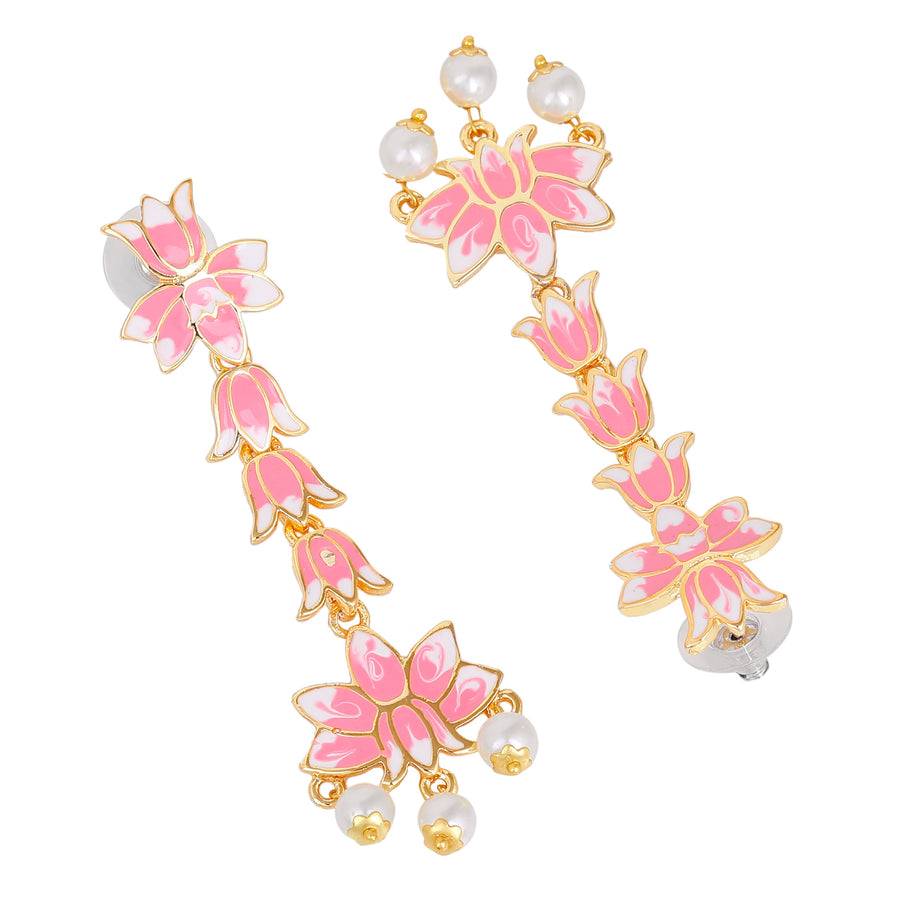Estele Gold Plated Pink Enamel Lotus Designer Splendid Pearl Drop Dangler Earrings For Girl'S & Women : 799711-IGER