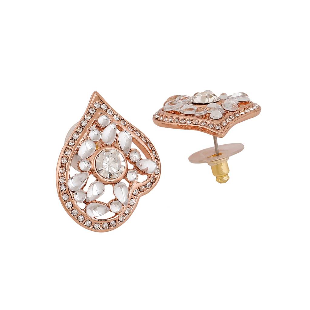 Estele Rosegold Plated Leaf Shaped Stud Earrings With Kundan For Women : 747705-RGER