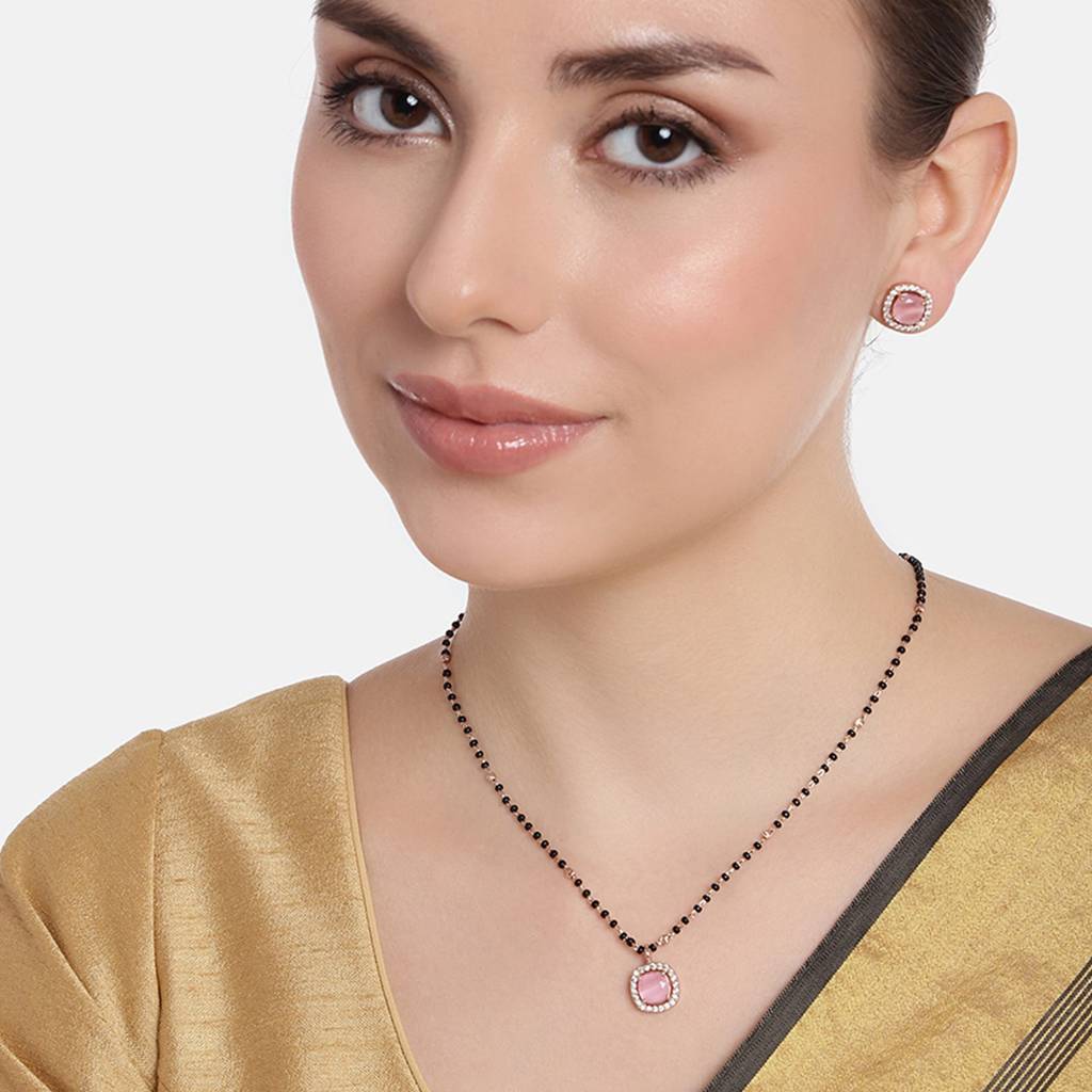 Estele Rose Gold Plated Cz Dazzling Mangalsutra Necklace Set With Mint Pink Stones For Women : ADMS037-RGMPNKER