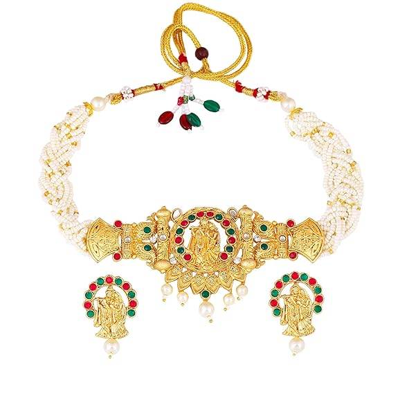 Estele Gold Plated Radha Krishna Gehena Necklace Set With White Pearls For Women : PJ-018-IGRBGNNKER