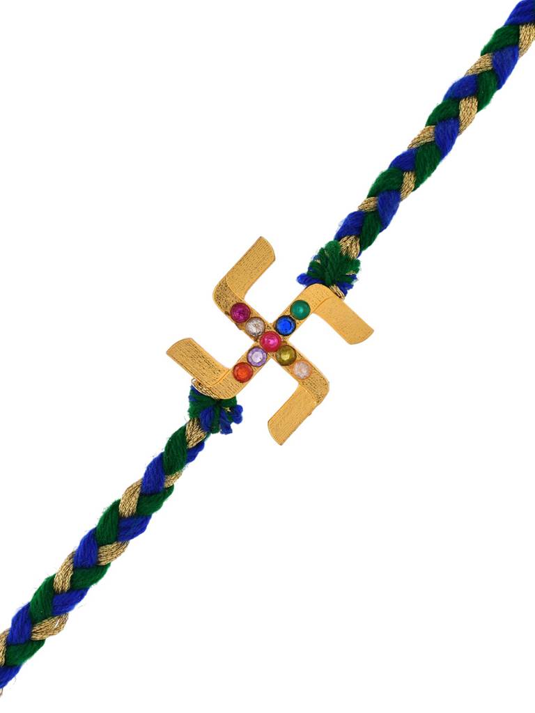 Gold Navratan Swastik Rakhi For Brother : 8905124530681