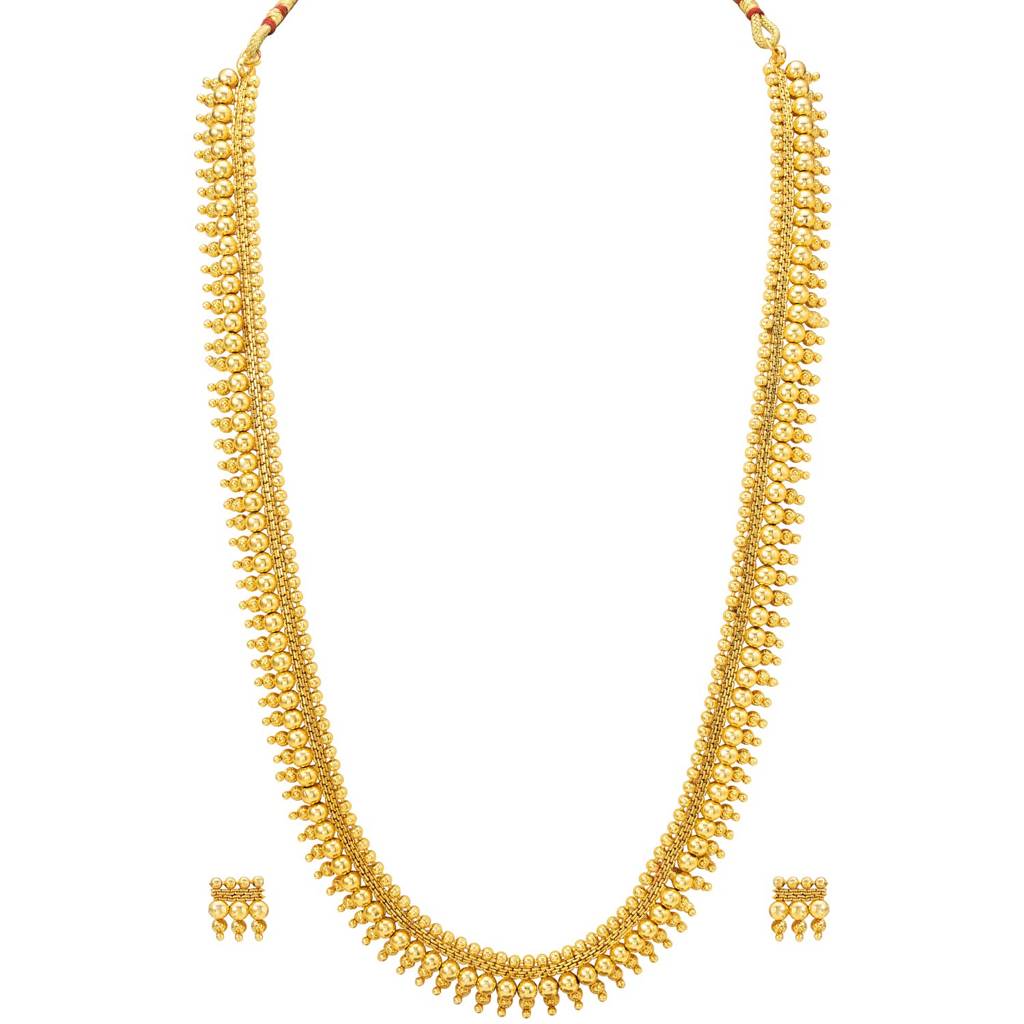 Traditional Gold Plated Long Maharani Haar Necklace With Earrings South Indian Style Jewellery Set For Women : PF04BRLS7184