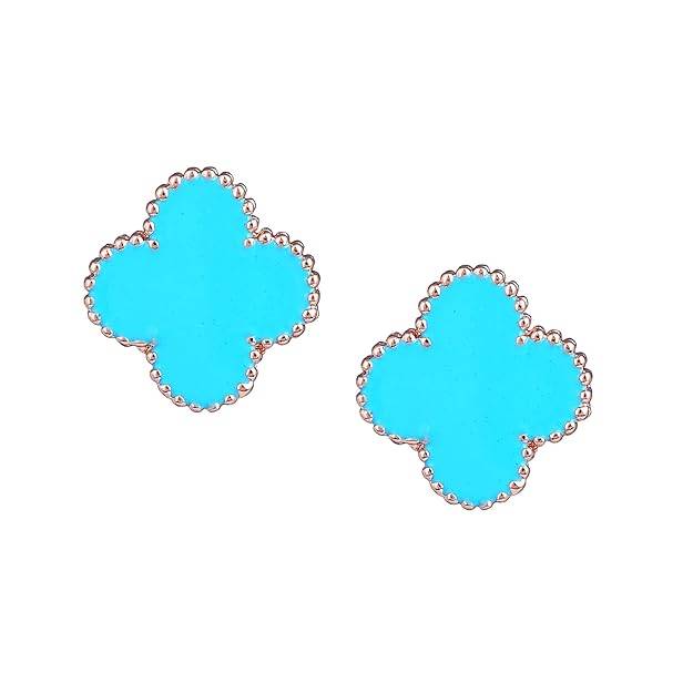 Estele Rosegold Plated Four Leaf Clover Designer Stud Earrings With Blue Enamel For Women And Girls : 10202-RGBL-ERER