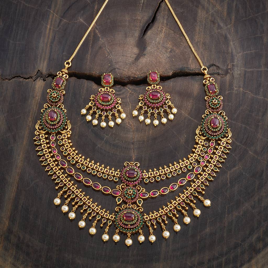 Kushal'S Fashion Jewellery Gold-Plated Ruby Studded & Beaded Antique Jewellery Set : 435498