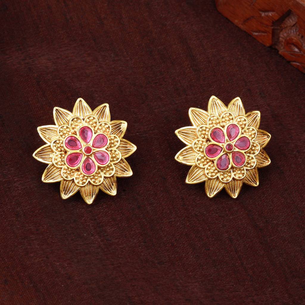 Estele Gold Plated Flower Designer Matte Finish Stud Earrings With Ruby Crystals For Women : AD-116712-IGRBER