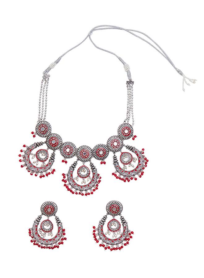 Festive Hues Enamelled Faux Pearls Adorned Silver Oxidised Jewellery Set : 8905124459012