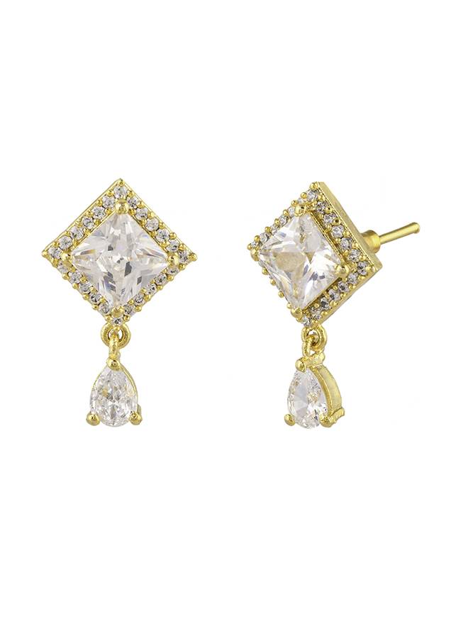 Sparkling Elegance Teardrop And Rectangle Cut Zircons Brass Gold Plated Earrings : 8905124472233