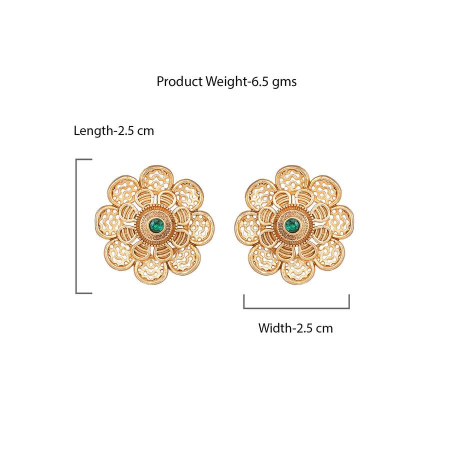 Estele Gold Plated Floral Designer Matte Finish Stud Earrings With Green Crystals For Women : AD-116713-IGGNER