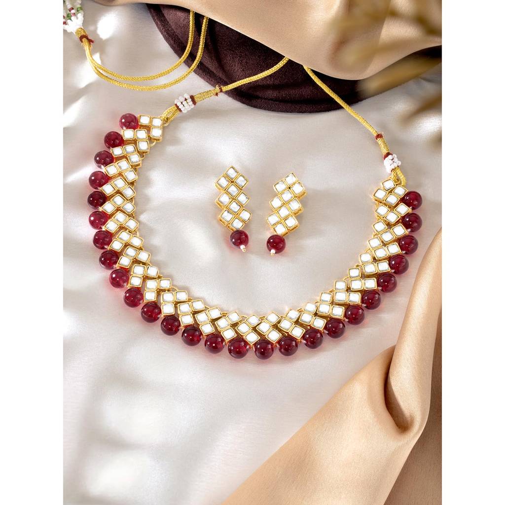 Gold Plated Indian Ethnic Kundan Pearl Fancy Bridal Traditional Choker Necklace Jewellery Set With Earrings For W : PF25N1018M