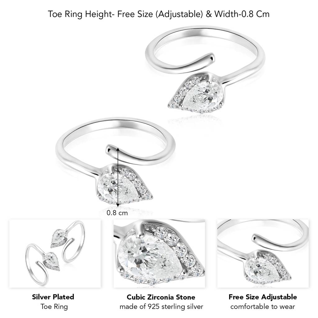 Cubic Zirconia Studded 925 Sterling Silver Adjustable Toe Ring