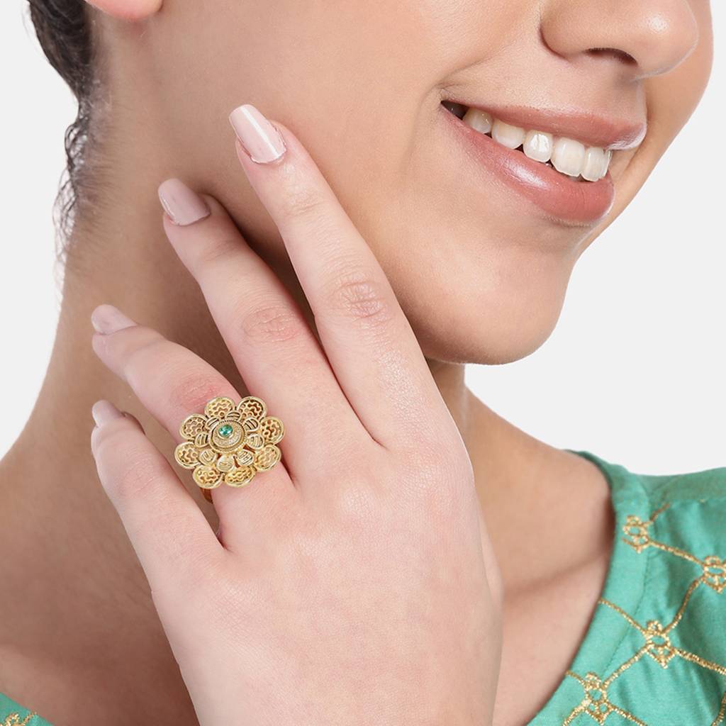 Estele Gold Plated Blossom Matte Finish Finger Ring With Green Crystals For Women : AD-149-IGGNRING