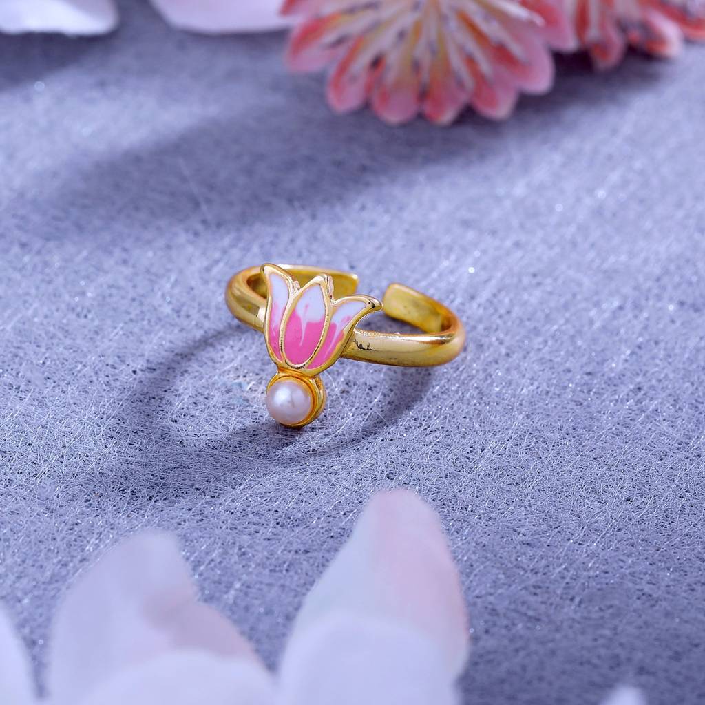 Estele Gold Plated Pink Enamel Lotus Designer Stylish Adjustable Finger Ring With Pearl For Girl'S & Women : AD-140-IGRING