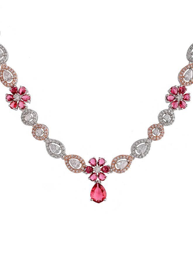 Sparkling Elegance Red And White Cz Floral Jewellery Set : 8905124498776