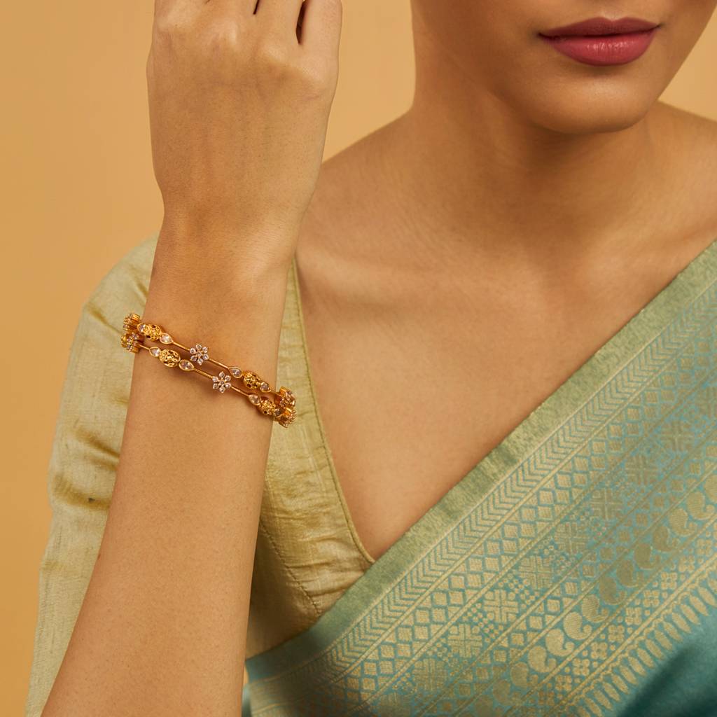 Kushal'S Fashion Jewellery Set Of 2 Artificial Stones Studded Gold-Plated Antique Bangles : 426014