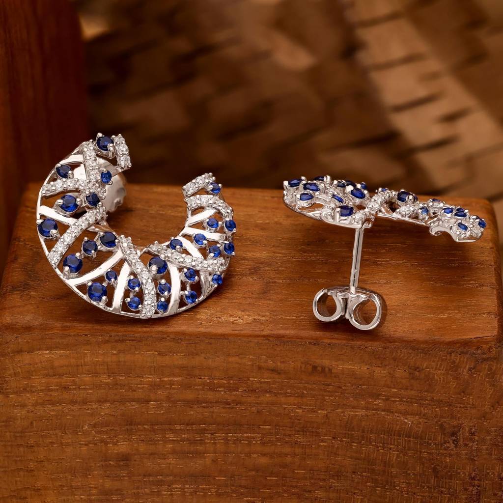 925 Silver Blue Sapphire Hoop Earrings | Diamond Accent Gift : SE_000882