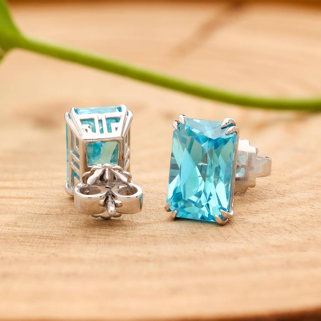 925 Silver Blue Topaz Stud Earrings Â Radiant Cut Birthstone Jewelry : SE_000587