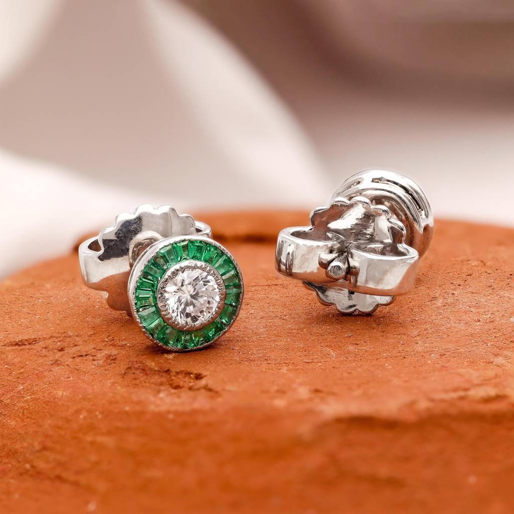 925 Silver Round Cz And Emerald Halo Stud Earrings Â Vintage Style Jewelry Gift : SE_000618