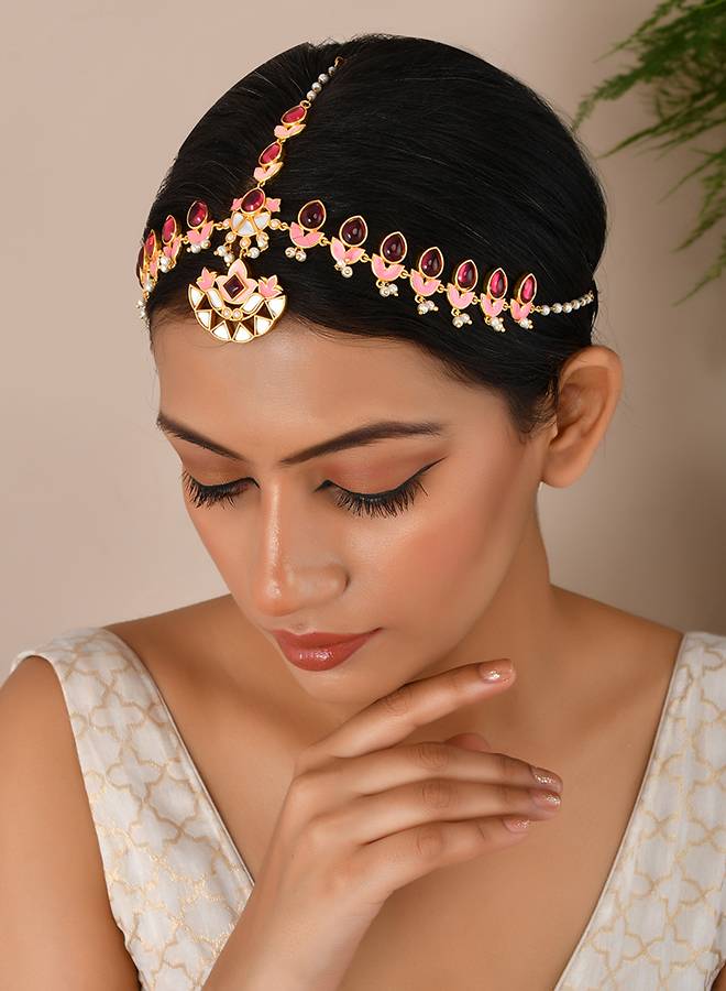 Forever More Pink Stones And Pearls Enamelled Floral Maang Tika : 8905124498011