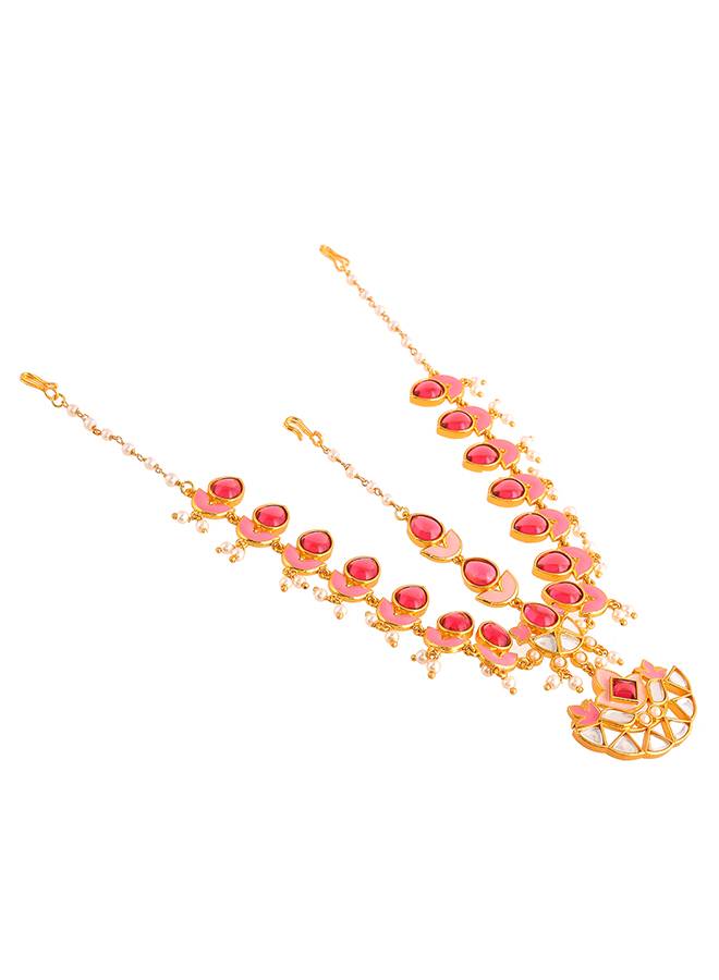 Forever More Pink Stones And Pearls Enamelled Floral Maang Tika : 8905124498011