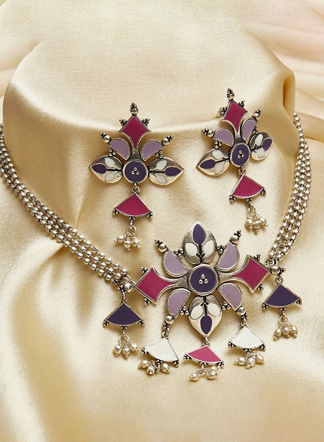 Festive Hues Colourful Silver Toned Jewellery Set : 8905124458909