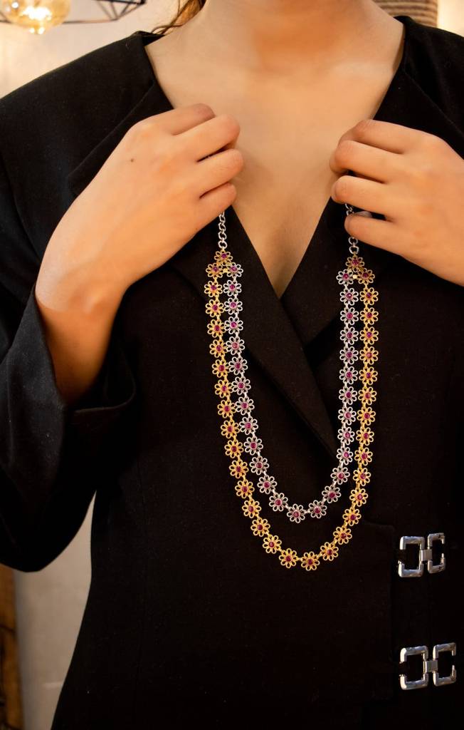 Tattva Layered Dual Tone Flower Sequence Necklace : SN203055