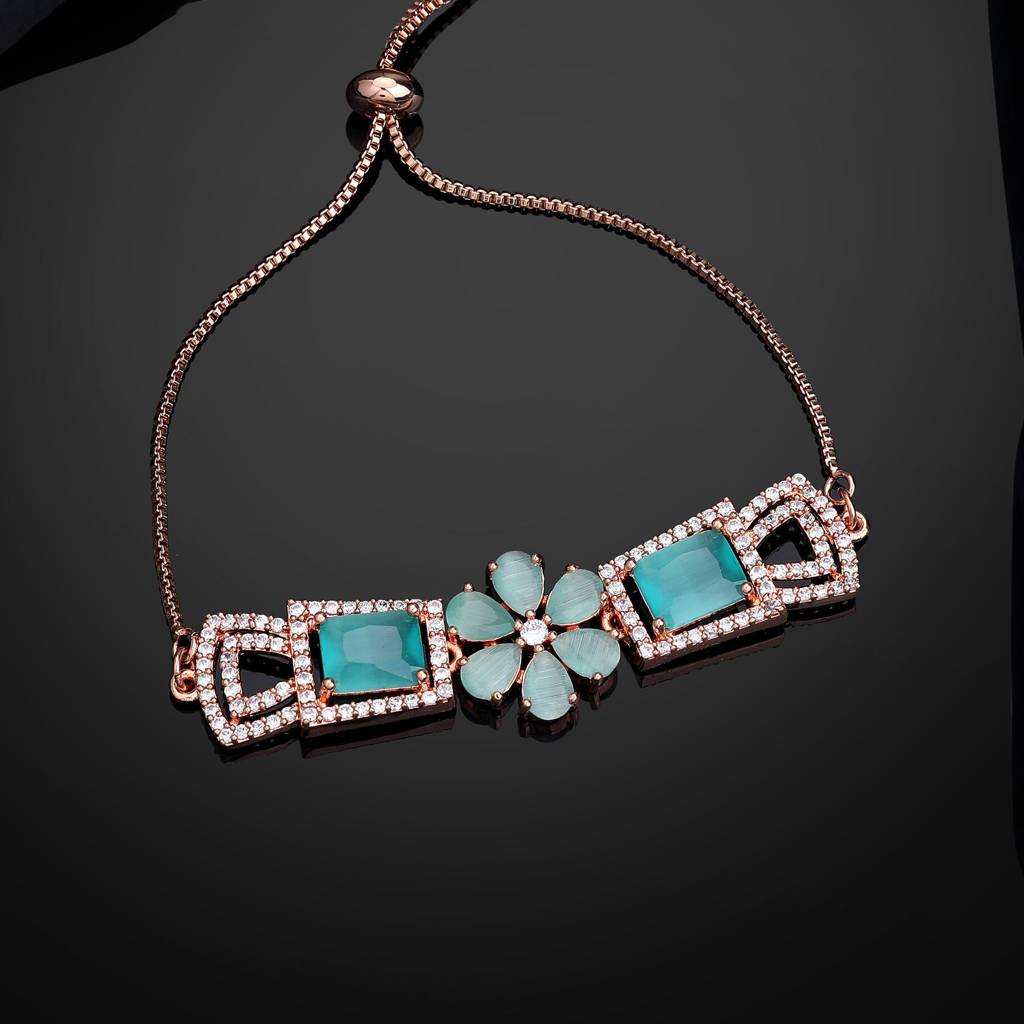 Estele Rosegold Plated Stylish Floral Designer Adjustable Charm Bracelet With Shiny Mint Green American Diamon : AD-068-RGMGBR