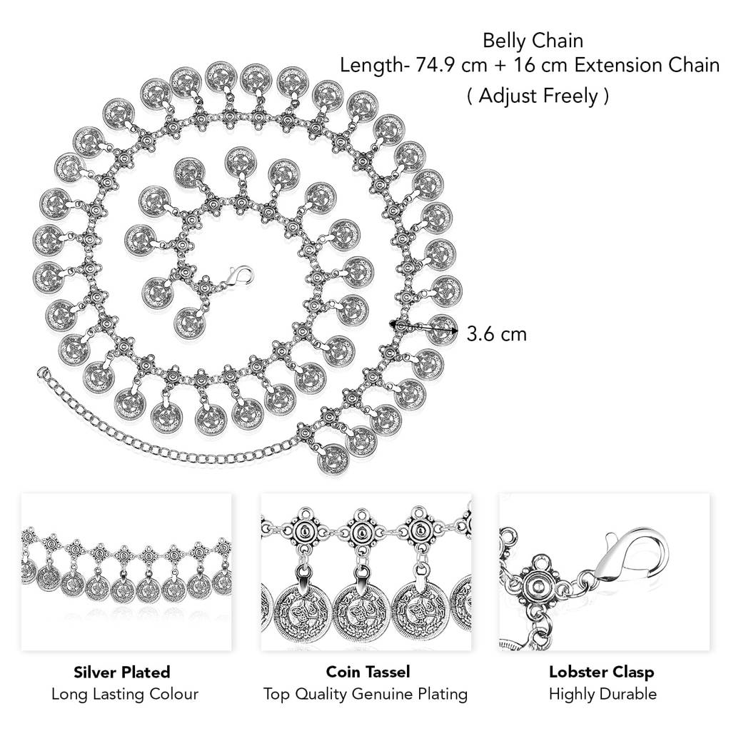 Silver Plated Coin Tassel Kamarband Fancy Dress Belt Belly Chain Contemporary Jewellery For Women & Girls : PX8BCH003S