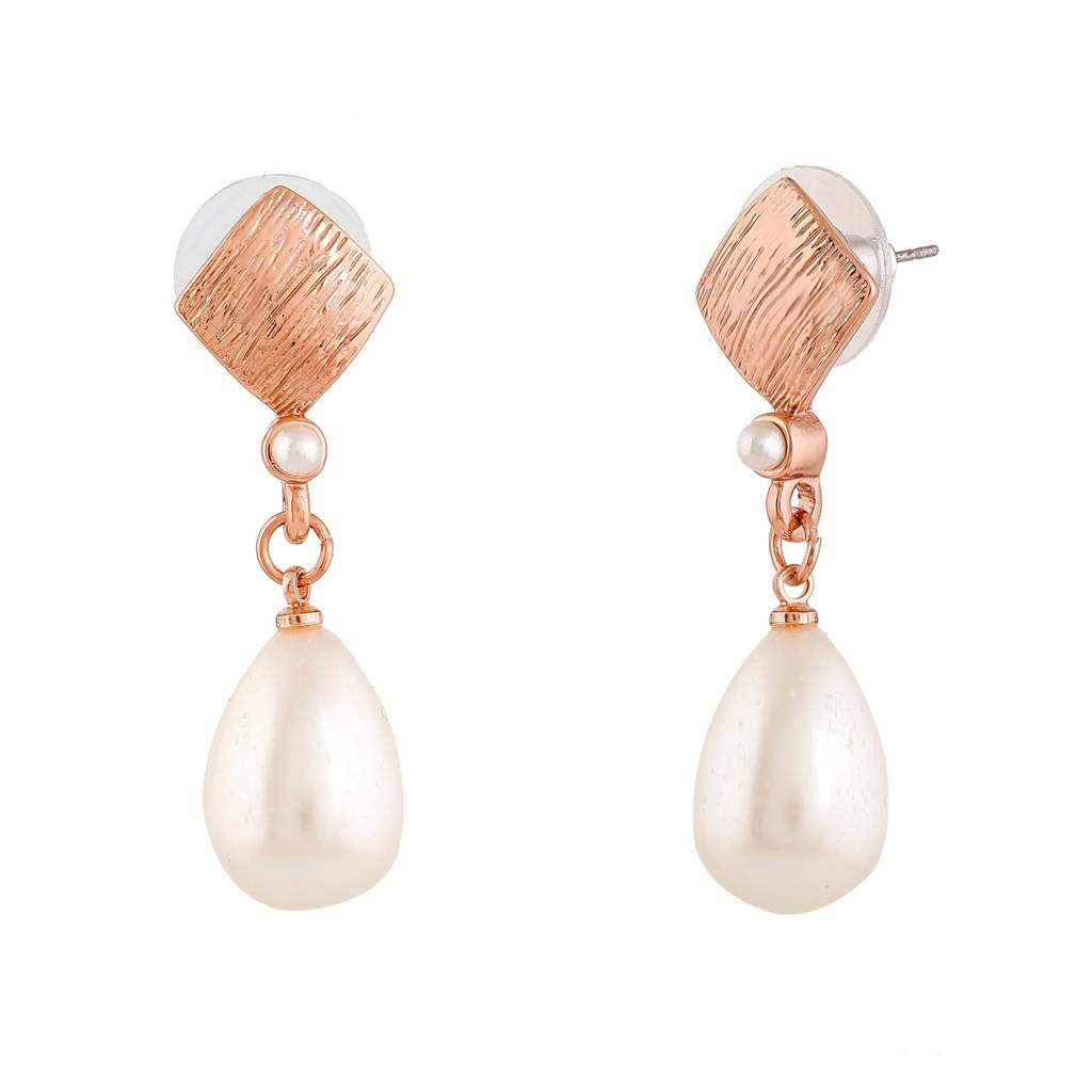 Estele Rosegold Plated Textured Pearl Drop Earrings For Girls And Women : 594703-RGER