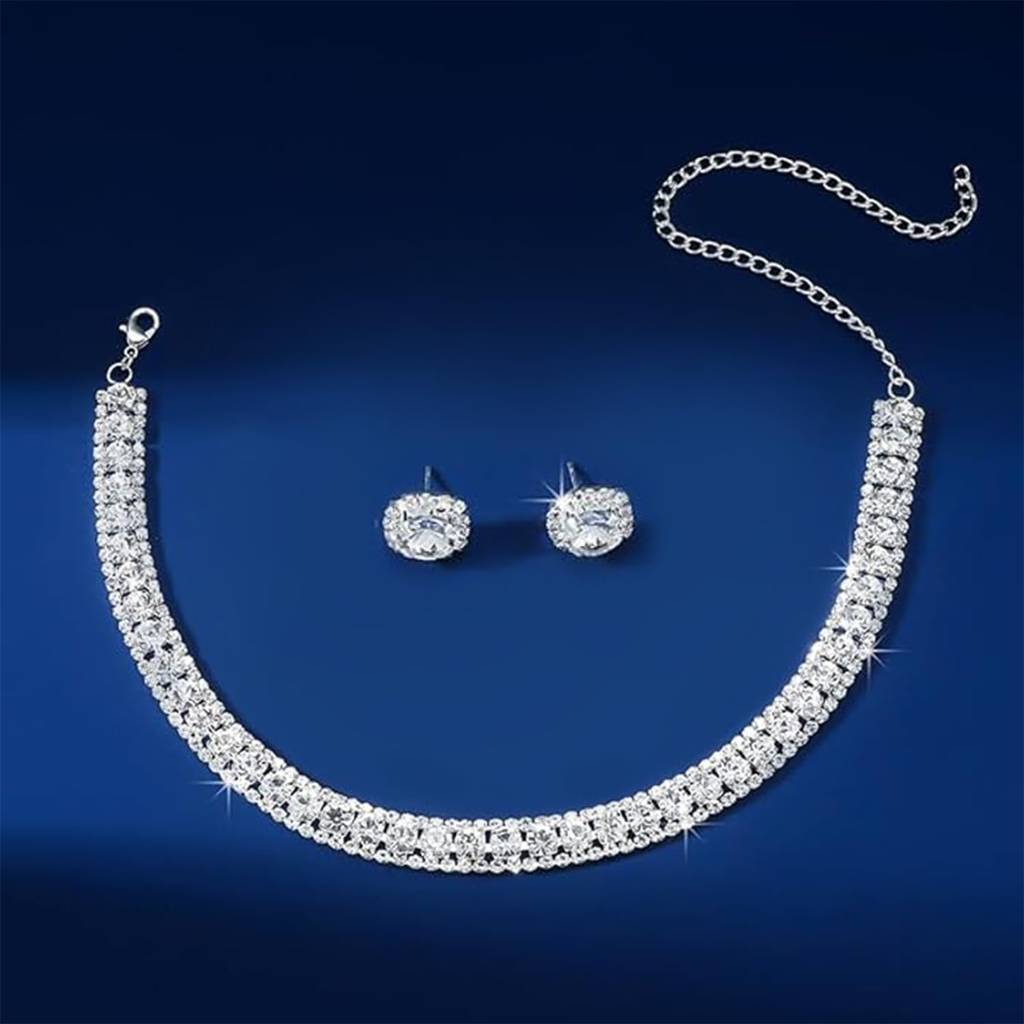 Silver Plated Crystal & Cubic Zirconia Studded Necklace And Stud Earring Stylish Jewellery Set For Women & Girl : PX9N96